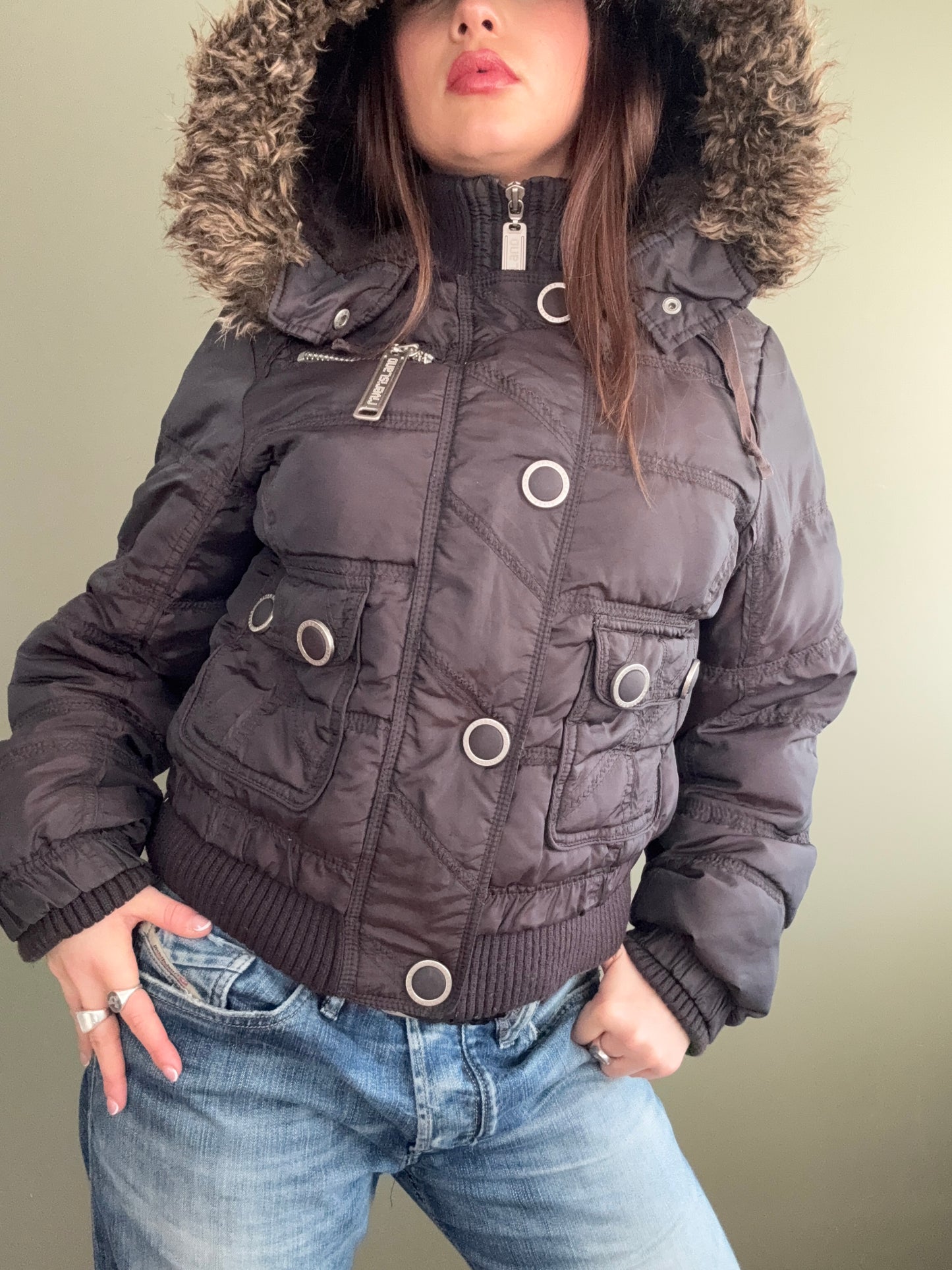 Y2K Brown Puffer Jacket (UK14)