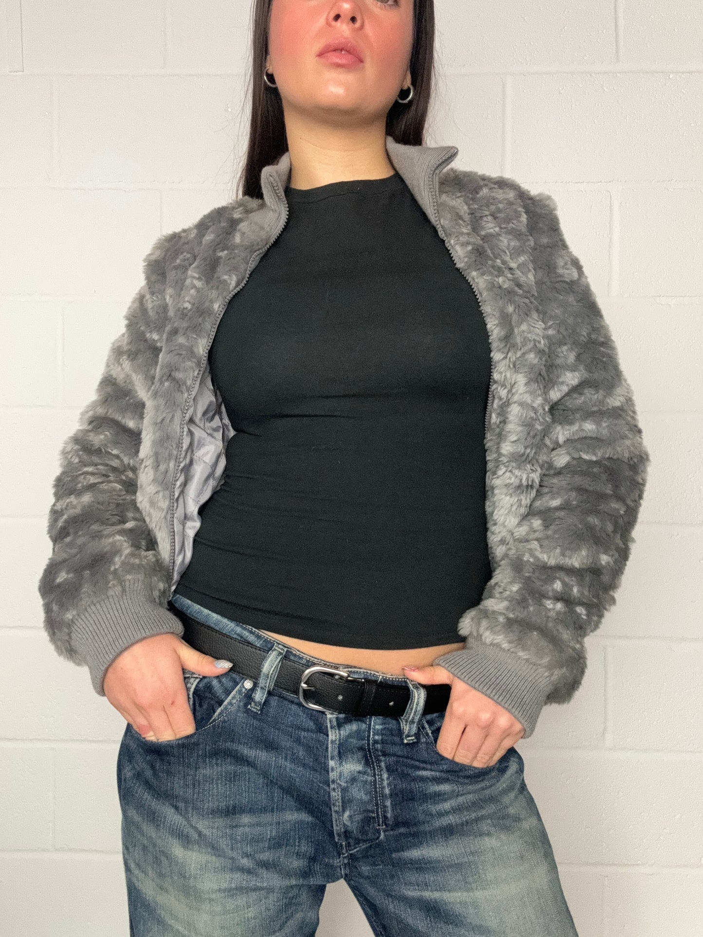 Grey Y2K Faux Fur Jacket